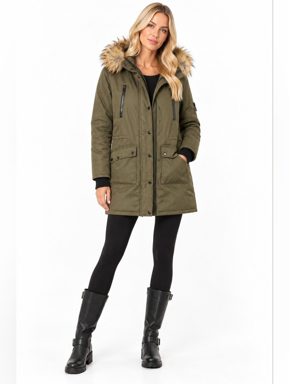 Olive Green Faux Fur Hood Ski Parka Jacket